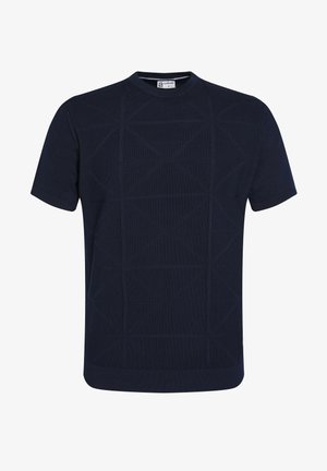 Maglione a manica corta blu navy con motivo a texture geometrica, scollatura rotonda e polsini e orlo a costine. Realizzato in morbido tessuto knit.