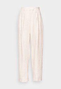 Pantalon en mélange de lin beige clair. Taille haute avec plis, jambes larges et texture lisse. Doté d'une fermeture avant dissimulée.