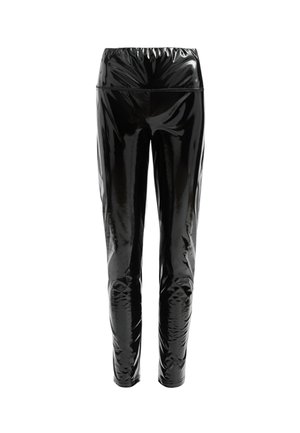 Black high-waisted pants made of glossy, reflective material with a smooth texture; fitted design tapering at the ankles.