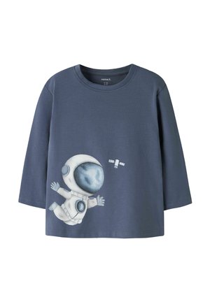 Children's long-sleeve blue shirt with a graphic of a floating astronaut and a satellite on the front.