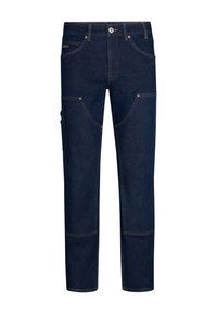 Pantaloni in denim blu scuro con vestibilità dritta, caratterizzati da cuciture dettagliate, design a cinque tasche e accessori in metallo.