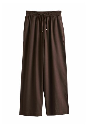 Locker sitzende braune Baumwollhose mit elastischem Bund und Kordelzug, seitlichen Taschen.