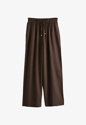 Loose-fit brown cotton pants with elastic waistband and drawstring, featuring side pockets.