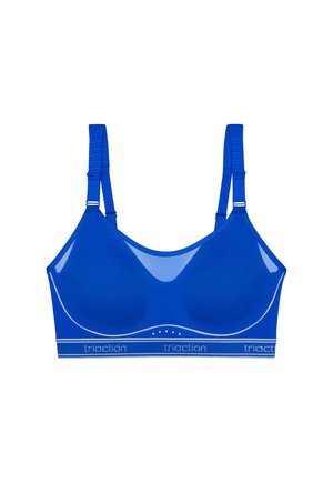 Brassière de sport sans fil bleue avec bretelles ajustables et bande élastique de marque en bas.