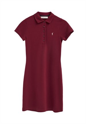 Bordowa sukienka polo z krótkim rękawem, zapięciem na guziki i małym białym logo gracza polo na piersi.