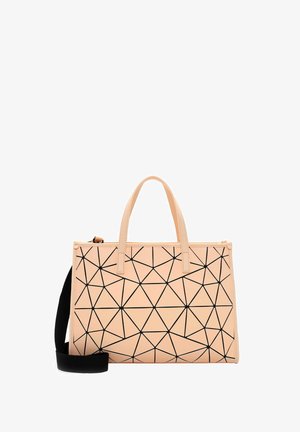 Borsa color pesco con un motivo geometrico nero, dotata di due manici superiori e una tracolla nera staccabile. Tessuto liscio.