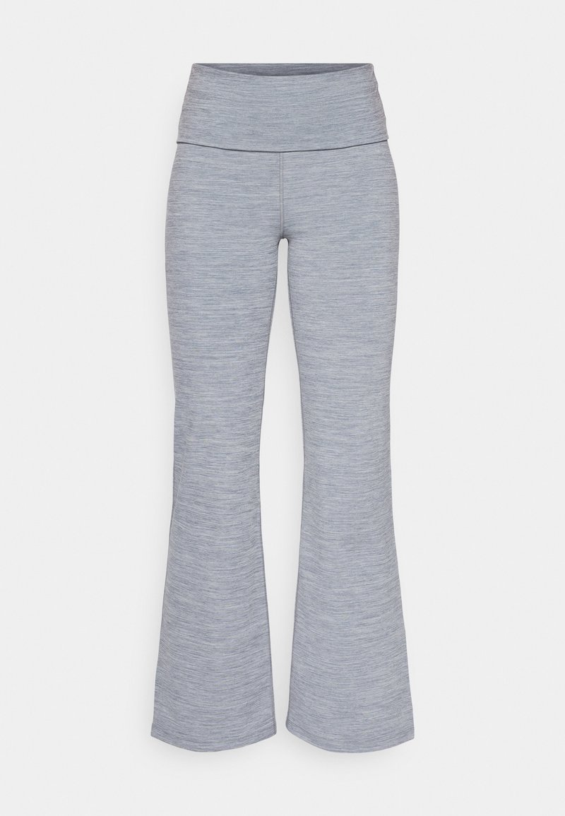 Graue, ausgestellte Leggings mit einem breiten Bund; aus einem weichen, strukturierten Material mit einem melierten Muster.