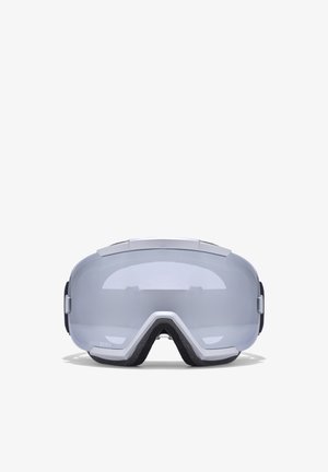 Skibril met een glanzend grijze lens, zwart schuimrubberen voering en een zilveren frame. Voorzien van zijbanden en een gestroomlijnd, aerodynamisch ontwerp.