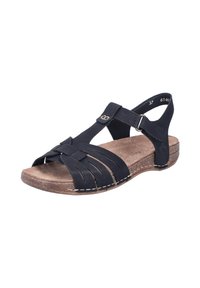 Schwarze Ledersandale mit geflochtenem Oberdesign, verstellbarem Knöchelriemen, gepolsterter Innensohle und hellbrauner strukturierter Außensohle. Größe 37.