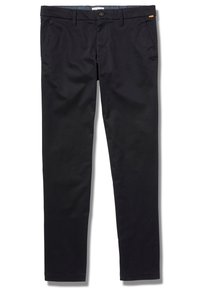 Black cotton chinos with a smooth texture, standard waistband, belt loops, two front pockets, and a single rear pocket with a button closure.