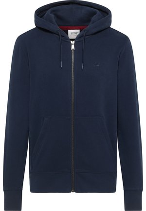 Sudadera con capucha azul marino con cremallera, con capucha ajustable con cordón, bolsillos delanteros, puños acanalados y un pequeño logo en el pecho, confeccionada con una suave mezcla de algodón.