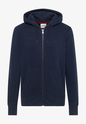 Felpa con zip blu navy con cappuccio regolabile con coulisse, tasche frontali, polsini a costine e un piccolo logo sul petto, realizzata in morbido tessuto misto cotone.