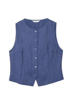 Blue sleeveless shirt with a straight cut, five button closure, and side pockets. Made from a textured fabric with a subtle sheen.