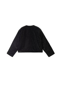 Chaqueta corta negra hecha de un tejido texturizado con una superficie estampada. Presenta mangas largas y un escote redondo. Sin cierres visibles.