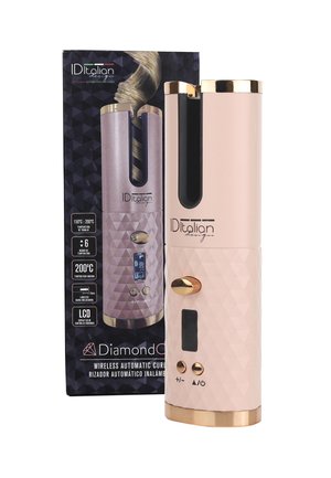 Rizador de pelo automático inalámbrico en rosa con acentos dorados, pantalla digital, botones de control y embalaje del producto que muestra características y configuraciones de temperatura.
