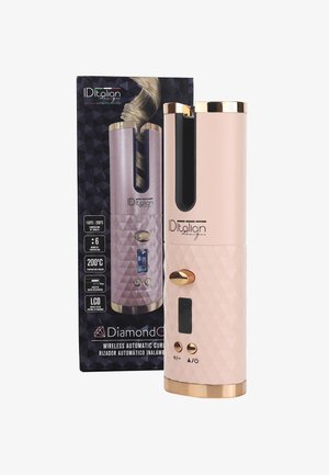 Rizador de pelo automático inalámbrico en rosa con acentos dorados, pantalla digital, botones de control y embalaje del producto que muestra características y configuraciones de temperatura.