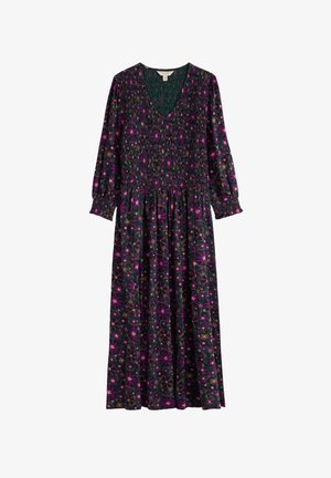 Vestido maxi de manga larga con un profundo escote en V, cuerpo fruncido y un patrón floral en tonos morados y verdes, con puños elastizados.