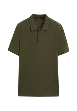 Polo manches courtes vert olive avec patte de boutonnage à trois boutons et col pointu, présenté à plat sur fond blanc.