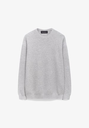 Sweatshirt en jersey gris clair à col rond, fabriqué à partir d'un tissu texturé, avec des manches longues et des poignets et un ourlet côtelés. Étiquette au col.