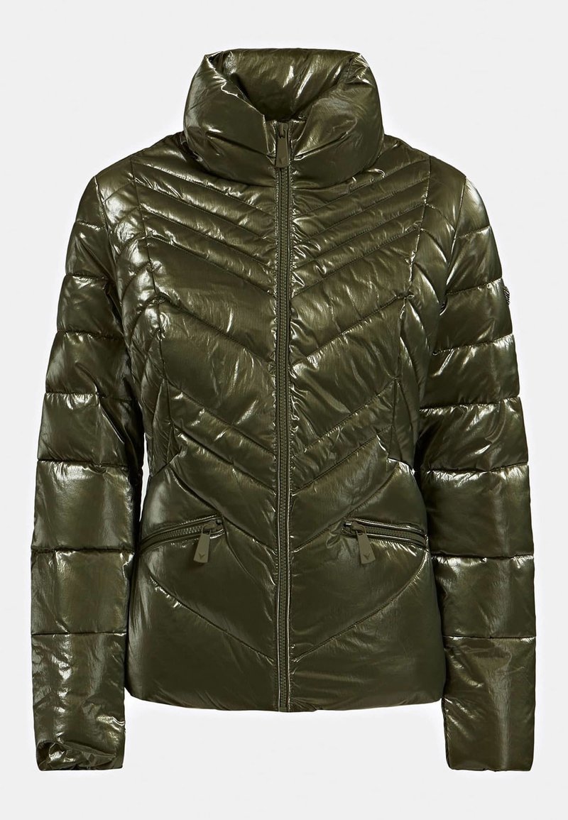 Veste matelassée brillante vert foncé avec col montant, fermeture éclair devant, coutures en chevron et deux poches latérales zippées.