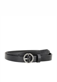 Cintura in pelle nera con una fibbia rotonda in tono argento, caratterizzata da una texture liscia e un design semplice, fissata con un passante in pelle.