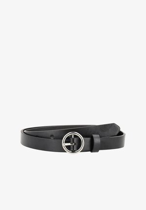 Czarny skórzany pasek z okrągłą srebrną klamrą, o gładkiej teksturze i prostym designie, zapinany za pomocą skórzanej klamry.