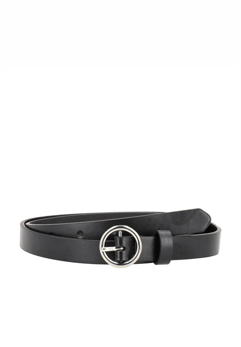Cintura in pelle nera con una fibbia rotonda in tono argento, caratterizzata da una texture liscia e un design semplice, fissata con un passante in pelle.