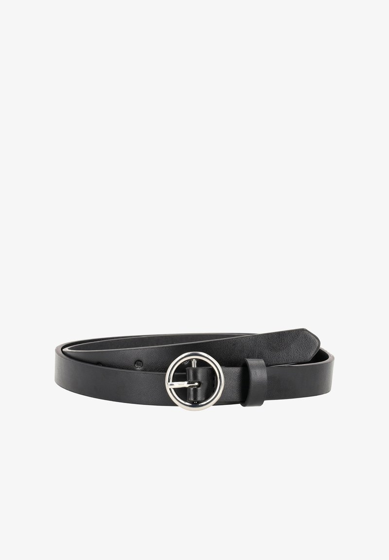 Curea din piele neagră cu un toc rotund din argint, având o textură netedă și un design simplu, asigurată cu un prindere din piele.