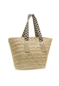 Bolso de tote de paja trenzada con asas de patrón en blanco y negro, que presenta dos borlas a los lados, en un color beige natural y con una forma amplia.
