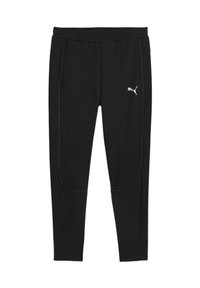 Zwarte sportbroek met een elastische tailleband, zijzakken en witte logo-accenten. Heeft contrasterende witte piping langs de naden.