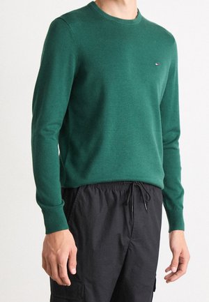 Man wearing a green long-sleeve crewneck sweater and black drawstring cargo pants, standing against a plain background.