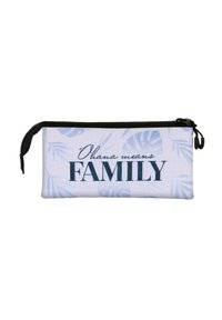 Trousse en tissu blanc avec des motifs de feuilles bleues, comportant le texte "'Ohana signifie FAMILLE" en lettres majuscules marine et une fermeture éclair noire.