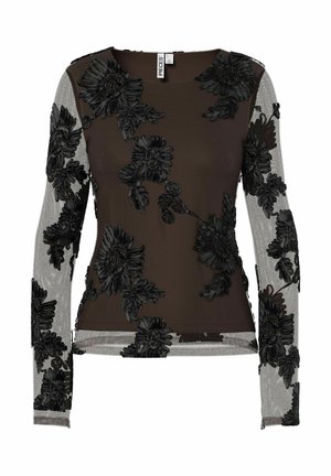 Bluzka z długim rękawem w ciemnobrązowym materiale, z misterną czarną kwiatową haftowaną na przejrzystych rękawach i ciele. Okrągły dekolt, dopasowany krój.