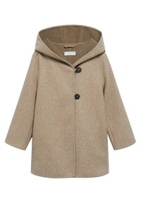 Cappotto beige in lana con cappuccio, dotato di due grandi bottoni neri, maniche lunghe e una linea semplice e dritta.