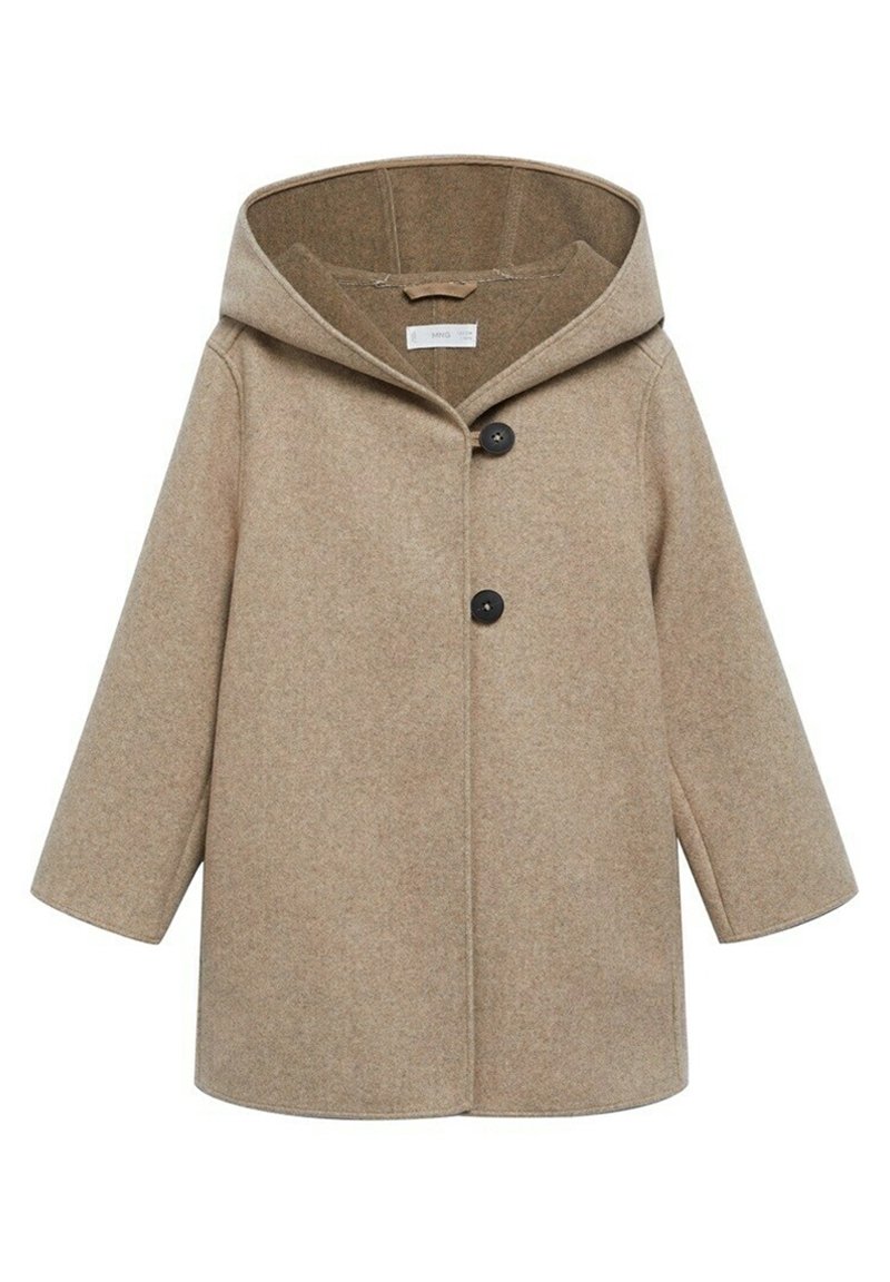 Cappotto beige in lana con cappuccio, dotato di due grandi bottoni neri, maniche lunghe e una linea semplice e dritta.