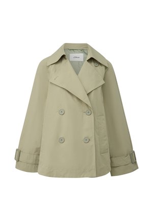 Trench corto doppiopetto beige con ampio colletto, polsini con bottoni e tasche frontali.
