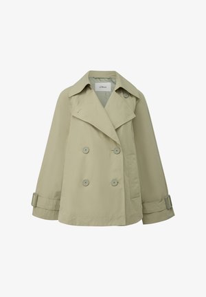 Trench corto doppiopetto beige con ampio colletto, polsini con bottoni e tasche frontali.