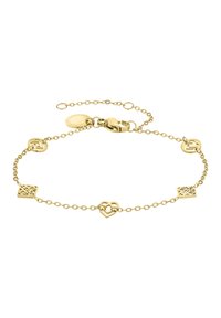 Gouden kettingarmband met afwisselend decoratieve schakels: geometrische patronen en hartvormen, voorzien van een kreeftsluiting en een verlengkettinkje.