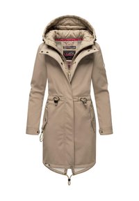 Beige waterdichte parka met een capuchon, voorzien van een gewatteerde voering, verstelbare taillekoord en twee zijzakken met knoopsluitingen.