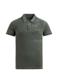 Dark gray short-sleeve polo shirt with three buttons and printed text "CAMP DAVID" and other small phrases on the right chest area.