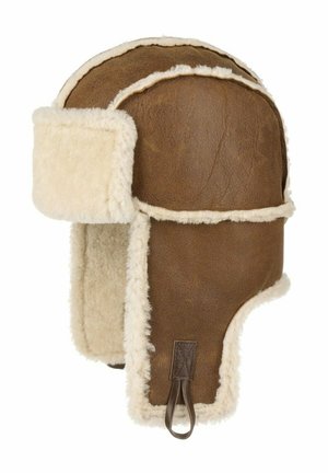 Brown aviator hat with cream-colored fleece lining and ear flaps against a white background.