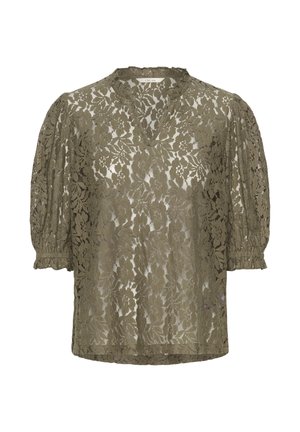 Olivově zelená krajková blůza s výstřihem do V, nabíranými rukávy a vroubkovaným lemem. Obsahuje květinový vzor a průhlednou texturu.
