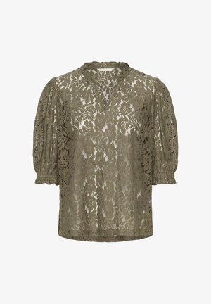 Olive green lace blouse with a v-neckline, puffed sleeves, and a scalloped hem. Features floral pattern and sheer texture.