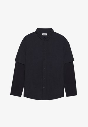 Tume sinine särk, millel on laia kraega, lühikesed varrukad pikendatud aluskihiga ja viis eesmist nööpi. Pehme kangas koos diskreetse tekstuuriga.