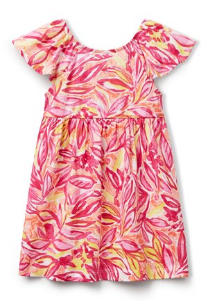 Vestido de manga corta para niño pequeño con estampado de hojas tropicales y flores en tonos rosa, rojo, naranja y amarillo sobre fondo blanco.