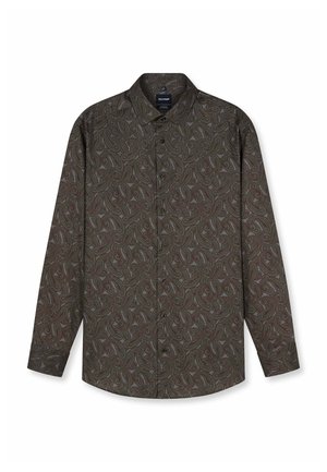 Langärmliges Hemd mit Knopfleiste und einem dunklen Paisley-Muster in Braun- und Grüntönen, mit klassischem Kragen und geknöpften Manschetten.