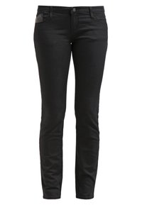 Svarta slim-fit jeans med en mjuk yta, med en framficka och dekorativ söm. Stängs med en metallknapp och dragkedja.