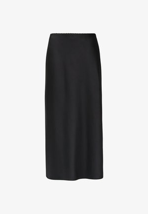 Zwarte satijnen midi-skirt met een gladde textuur, voorzien van een scalloped tailleband en een recht model. Ideaal voor laagjes en veelzijdige styling.