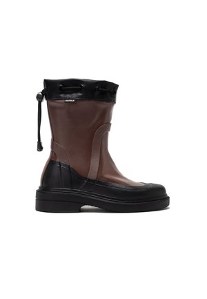 Mid-calf waterproof boot in brown and black with a drawstring top closure and textured sole for outdoor use.