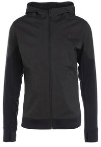 Mörkgrå zip-up hoodie med en mjuk textur, som har en huva, långa ärmar och kontrasterande marinblå paneler vid axlarna och sidorna.